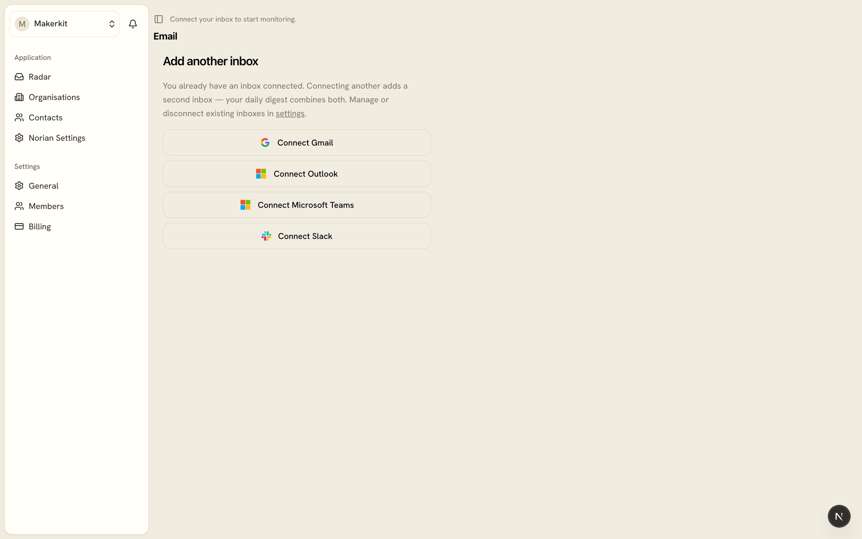 The connect screen in Norian, with options to connect Gmail or Outlook